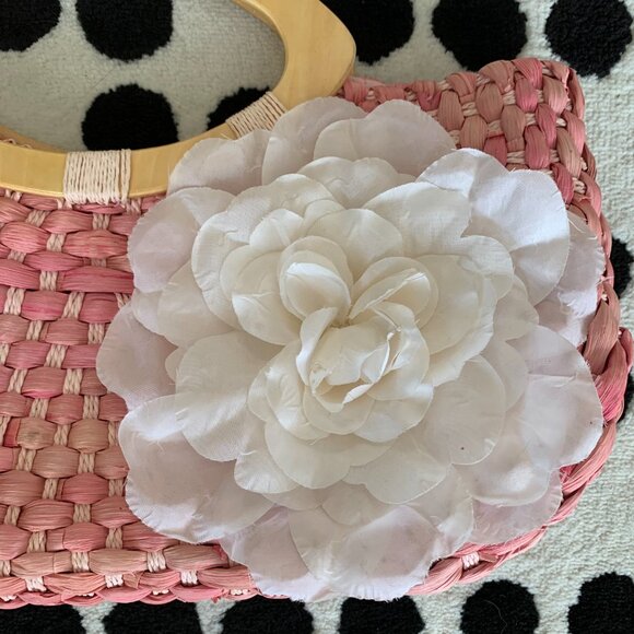 Vintage 80s 90s Wicker Straw Purse Handbag Clutch Pink Flower Wood Top Handle - Picture 2 of 11